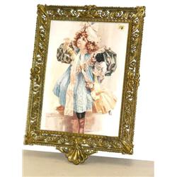 little Victorian girl with a doll and dog in ornate brass frame (16)