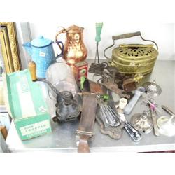 large lot of assorted metal items including hang on the wall coffee grinder, green handled wood beat