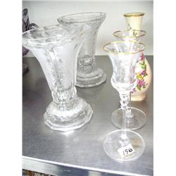 2 glasses, one vase limited edition Mother's Day 1985 Lennox, pair of pressed glass candle sticks (1