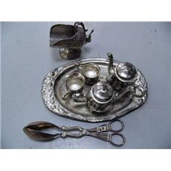 silver plated child's tea set, sugar bowl, pair of tongs (16)