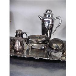 2 butter dishes, creamer, sugar, tray, martini mixer (16)