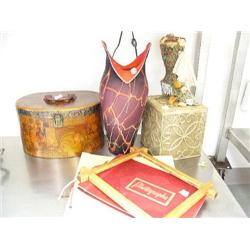 art glass vase, old photograph albums, fancy box, picture frame, metal shoe (16)