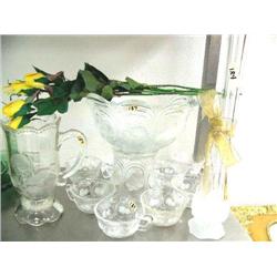 pressed glass punch bowl with 8 cups, water jug, vase (16)