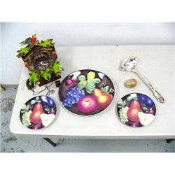 cuckoo clock, large serving spoon, 3 fruit plates, stone egg (16)