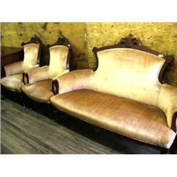 3 piece Eastlake walnut settee 2 side chairs  (16)