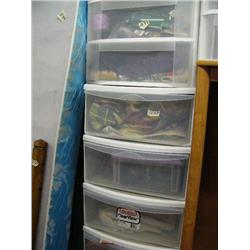 lot of plastic bins with nice old fabric and assorted sewing notions and lots of designer fabrics  (