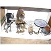 Image 3 : plastic shelf with assorted brass items, pictures, China set, clown collection and assorted glasswar