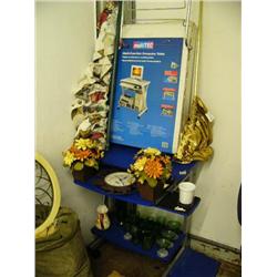 lot of green glassware, 2 computer tables, etc.  (16)