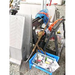 2 vises, tile cutter, tool belt, extension cords, shovel, pair of drive up ramps  (16)