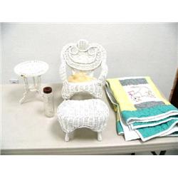 lot of one six items wicker doll furniture cast iron doll table, baby bottle, and baby quilt (16)