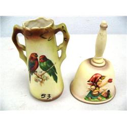 2 items 1979 Gobbel West Germany bell, vase with hand painted parrots marked on the bottom (16)