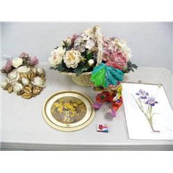 2 silk flower arrangements and 2 flower pictures and paper Mache clown (16)