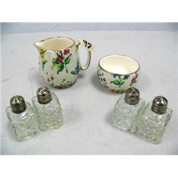 small creamer and sugar, lots of salt and pepper shakers (16)