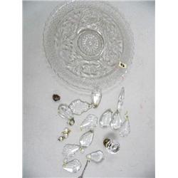 pressed glass cake plate, assorted crystals for chandelier (16)
