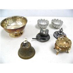 unusual silver plated figure roll napkin ring, old brass sheep's bell, silver bowl and small metal j