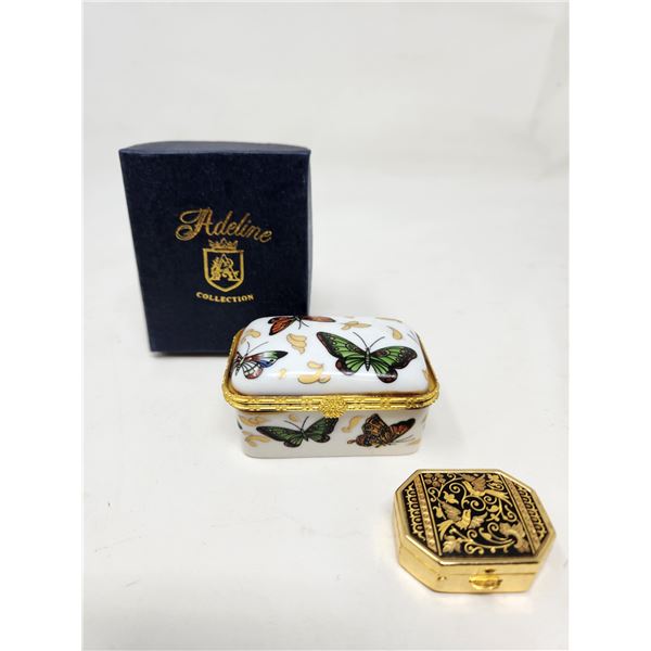 Ceramic Trinket Box with Butterflies Adeline Collection/Gold Toned Cloisonné Pill Box