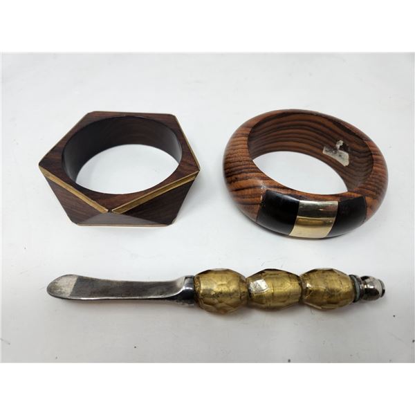 Wood Bangles w/Cloisonne Gold Tone Inlays & 1 Vintage Knife with large Glass Beads