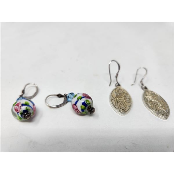 2 x .925 Earrings, Native Indian Carved Theme(5.59g) & glass Bead (7.53g with Beads)
