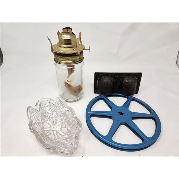 Group of Vintage Oil Lamp, Reel Tape,Take it Wood Spoon, & glass Lead Crystal Candy Bowl