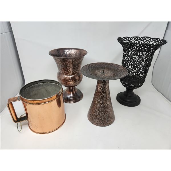 1 Copper Vase, 1 Copper Plated Flower Mug, 1 Copper Candle Holder, 1 Cast Iron Candle Holder