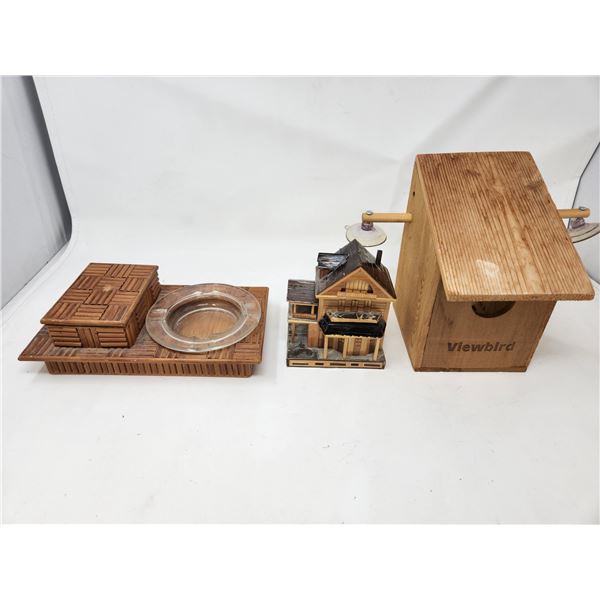 Vintage Wood Cigarette Ashtray, Vintage Bird House, & Vintage Wood Trinket Box