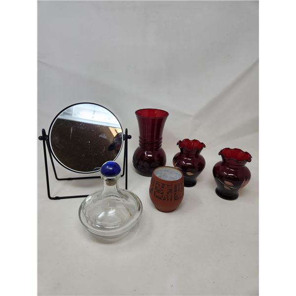 Jar (Made in Japan), Ikea Mirror, & Red Wine Decanter w/2 cups and 1 Decanter jar