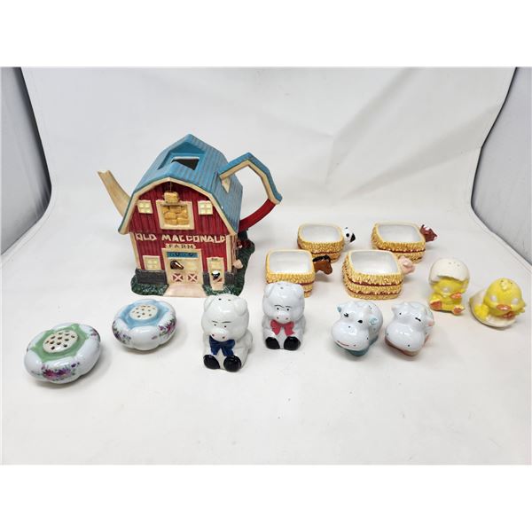 Farm Themed Tea Set by Department 56 and 4 Sets of Salt and Pepper Shakers