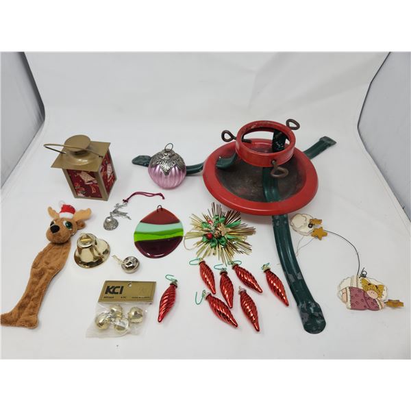 Vintage Metal Christmas Tree Stand and Ornaments
