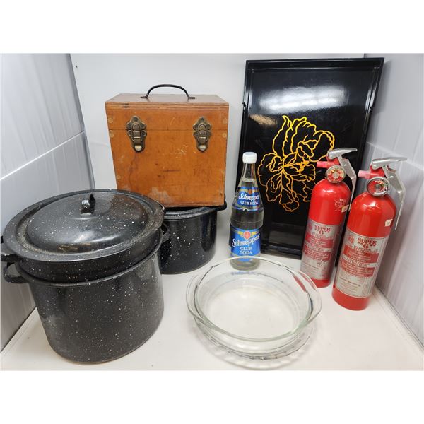Vintage 2 Pots, Schweppes Full Bottle, 2 Fire Extinguishers, Pie Dish, Painting & Wooden Box