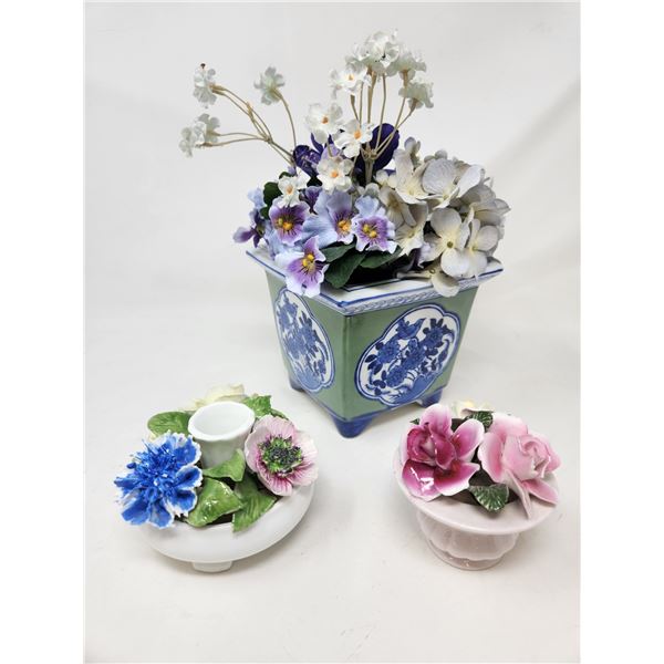 3 Vintage Glass Vase with Porcelain Flowers