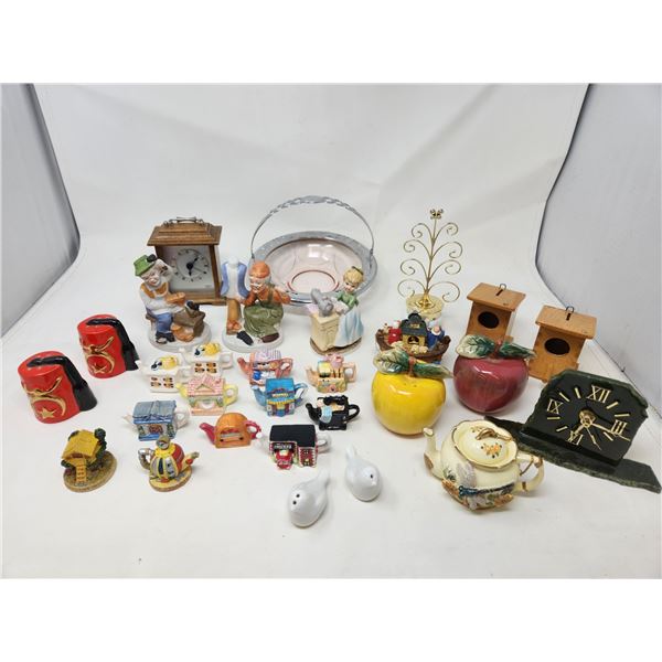11 Miniature Tea Pot Figurines, 2 bird Salt/Pepper Shaker, 1 Dish, 2 Figurines of People, Apple