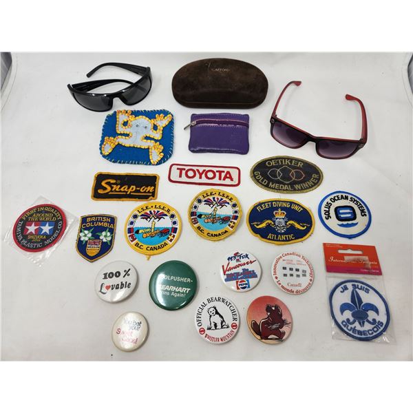 Assorted Vintage Buttons, Patches & Sunglasses