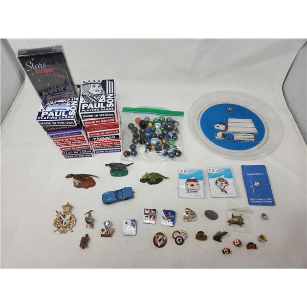 Vintage Pins/Marbles and Playing Card Lot