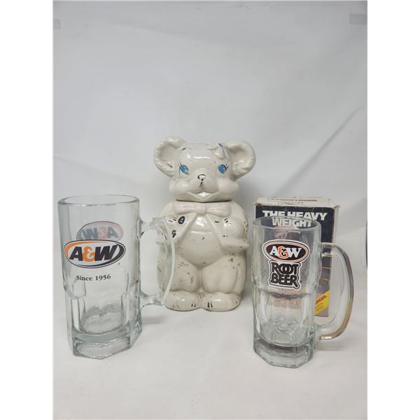 Vintage Cookie Jar & 2 A&W Root Beer Mugs