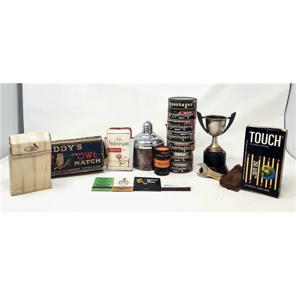 Copenhagen Snuff Tins, Matches, Cigarette Cases, Ashtray, Wrench Money Clip, & Trophy