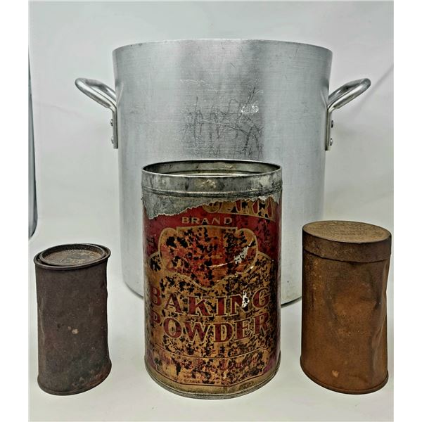 Vintage Baking Powder Tins x 3 and 13" Pot