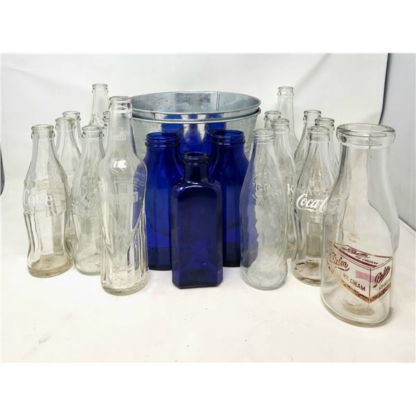 Vintage Coke Bottles x 11, 1 Crush, 1 Pepsi, 1 Wishing Well, 1 Milk Bottle, 3 Blue Bottles