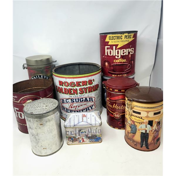 Assorted Vintage Tin Lot (Rogers Syrup, Folgers, Tim Hortons, Watkins, Baking Powder, Maxwell)