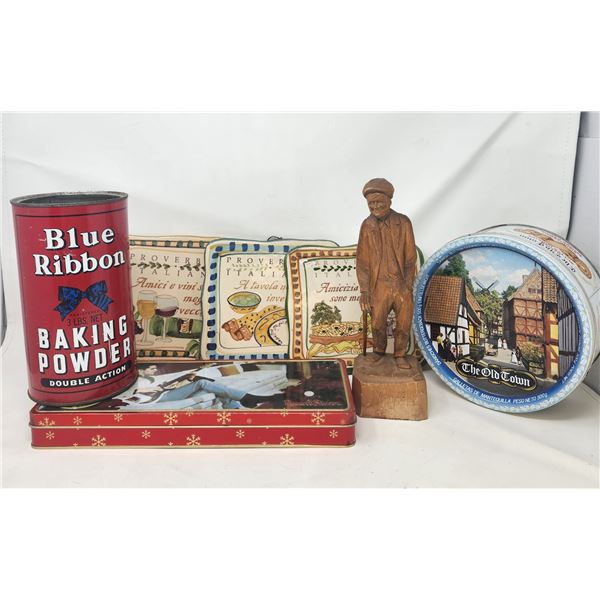 Plates Wall Hangings (Proverbs), 3 tins, 1 Wooden Old man with Cane