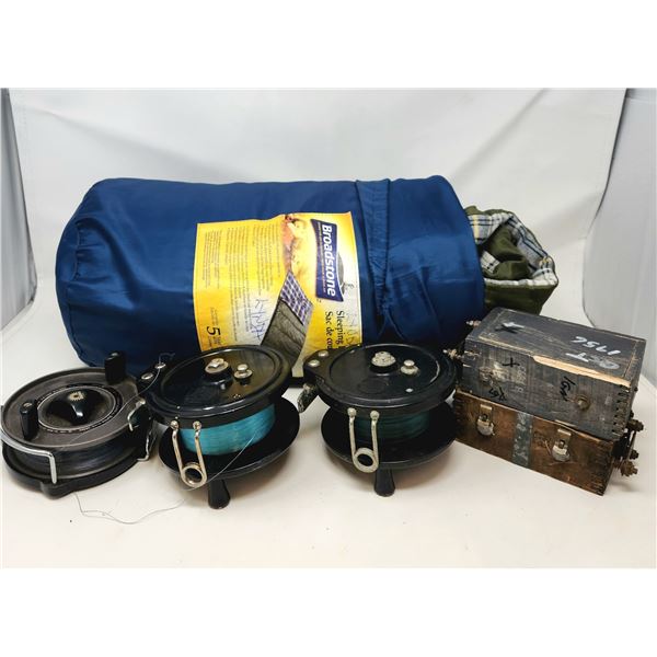 3 Fishing Reels, 2 Egnition Coils and Used Sleeping Bag