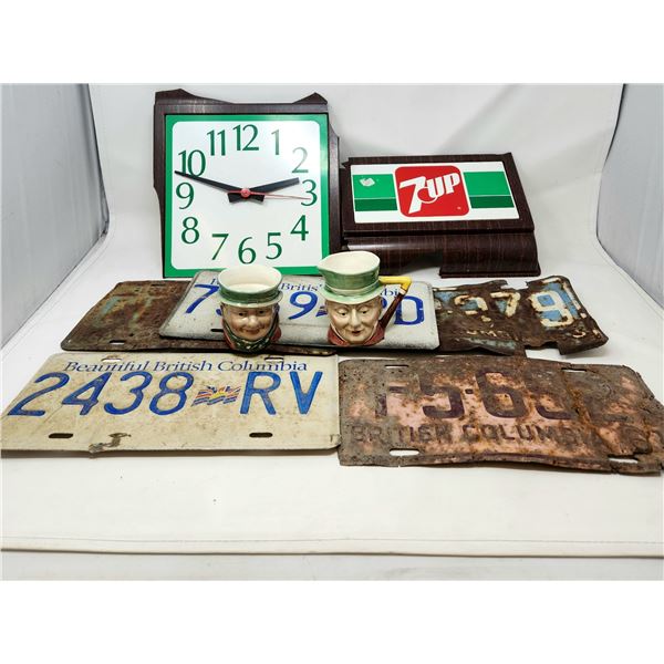 7-Up Clock (comes with the pcs that broke off), 5 Plates, 2 Bewsick England Cups
