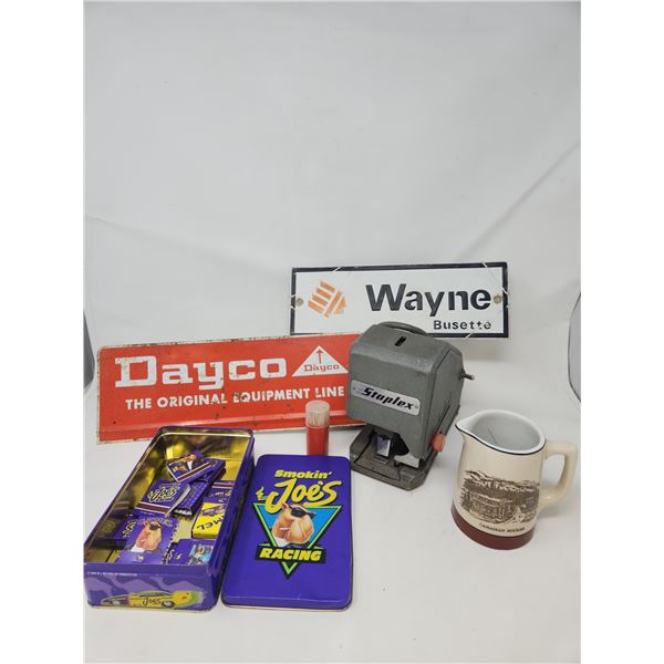 Vintage Industrial Stapler, Canadian Rockies Mug, Matches, & 2 Signs
