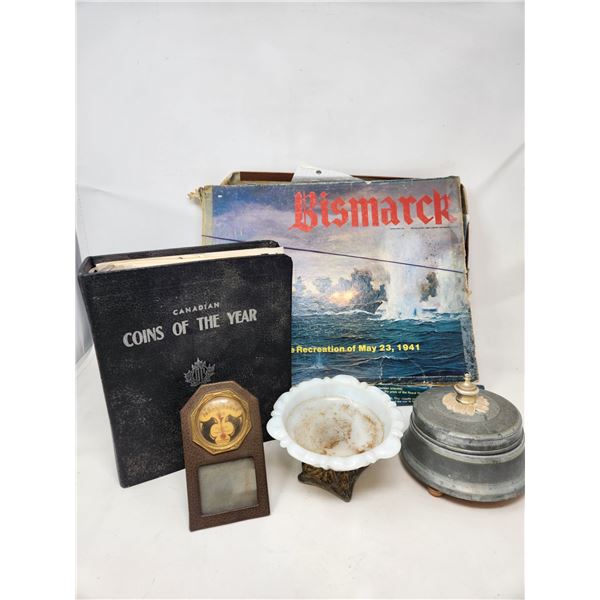 Vintage Lot (Ashtray, Thermometer, Music Box, Coins of the Year Book & Bismarck Game