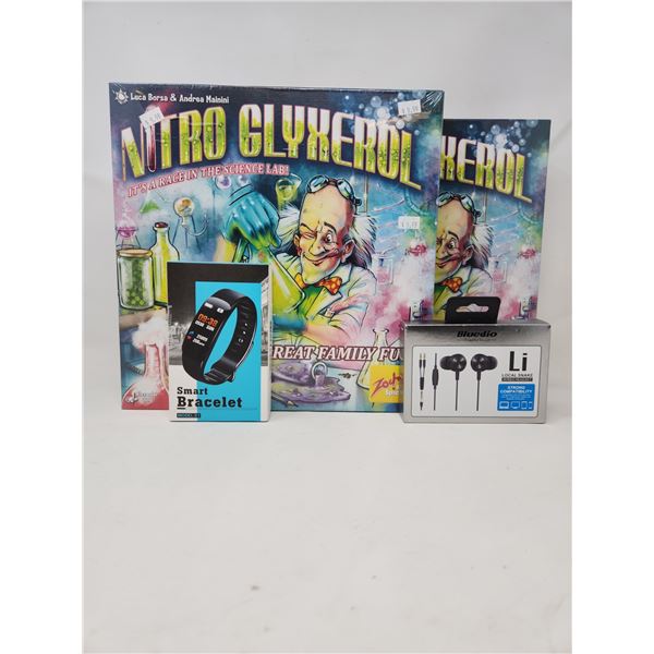 Sealed Nitro Glyxerol Board Game, New Smart Bracelet, and New Earphones Lot
