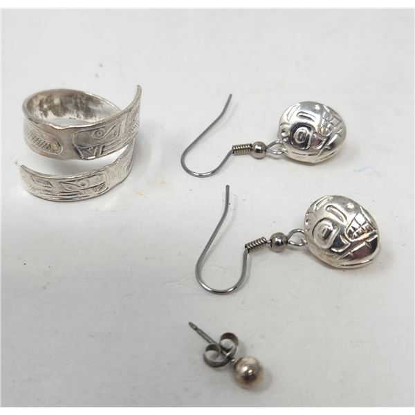 Sterling Silver Earring/Ring Silver Native Designed Silver Earrings 10.58 Grams Total