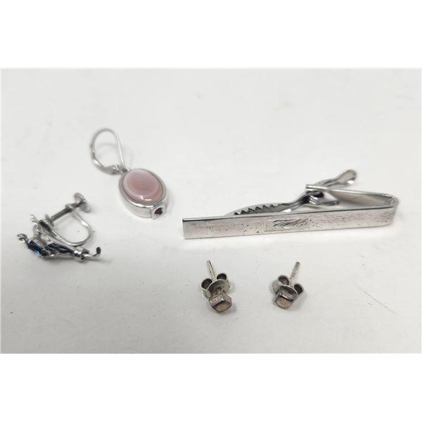 Sterling 925 Men's Tie Clip and Earrings
