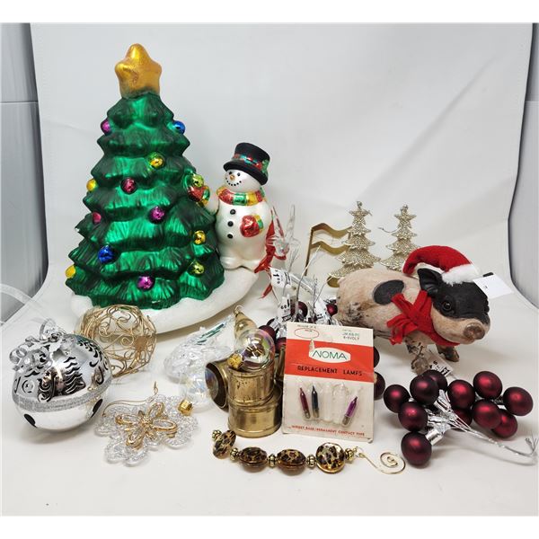 Christmas Tree & Snowman (15x5x10"), Christmas Pig, & Assorted Ornaments