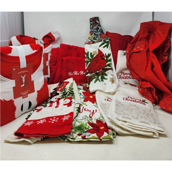 2 Santa Pajama's (Med & LG), Xmas Hand Towels, Bath Towels (used), Xmas Apron, Table Runner