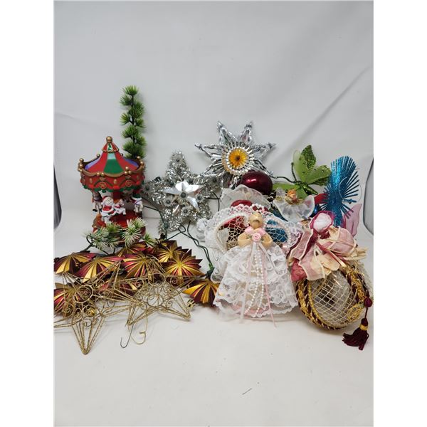 Box of Vintage Xmas Ornaments, 2 vintage tree toppers, & Vintage Battery operated Merry go round