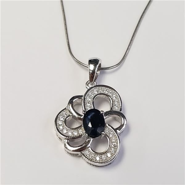 SILVER SAPPHIRE AND CZ 16"   NECKLACE